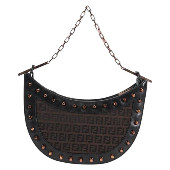 FENDI Zucchino Canvas Chain Shoulder Bag Black Brown - Picture 3 of 13
